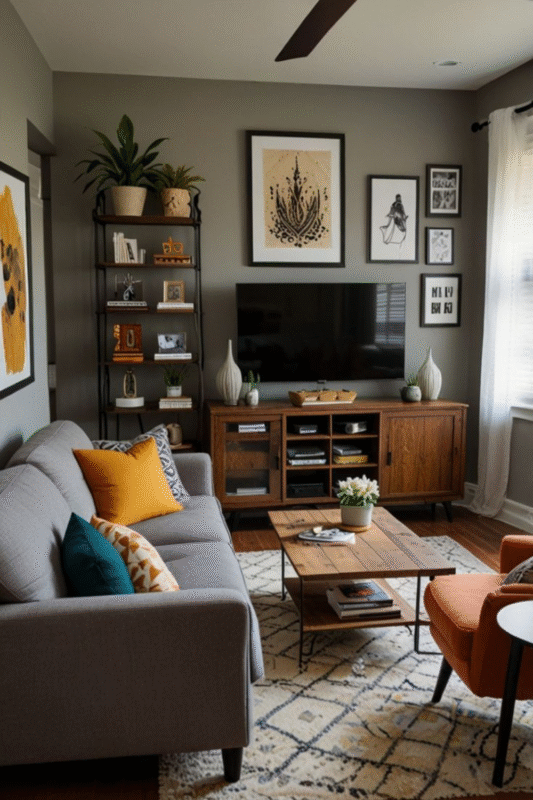 warm living room with tv wall art and wood furniture