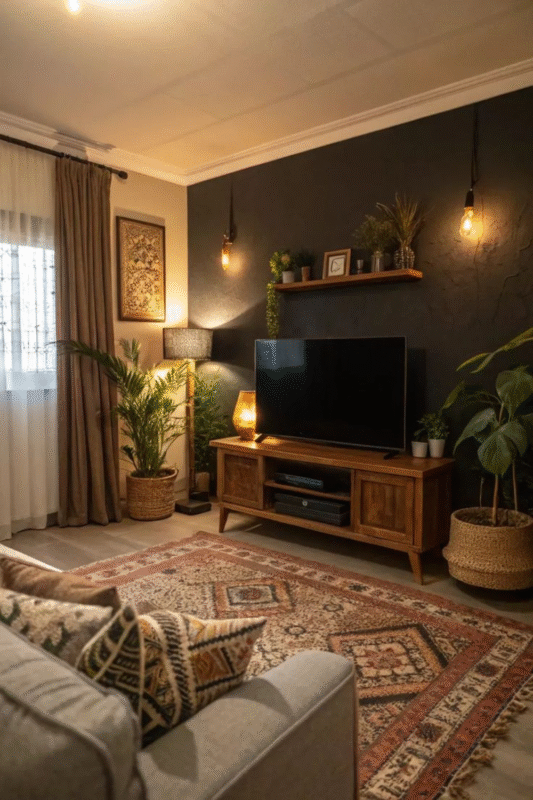 boho living room tv wall with black accent and indoor plants