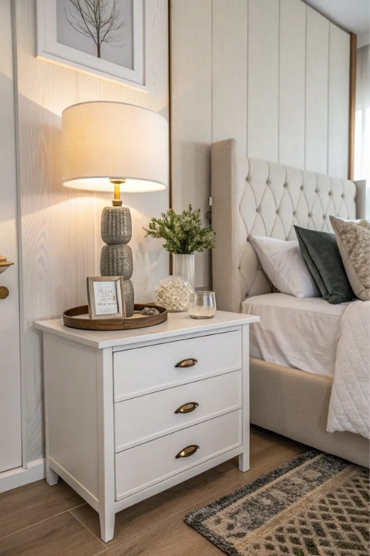 White nightstand with three drawers, textured lamp, tray with decor, and greenery in a layered and cozy bedroom.