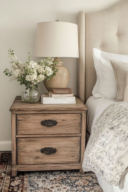 Rustic wood nightstand with vintage lamp, stacked books, and fresh white flowers styled for farmhouse bedroom inspiration.
