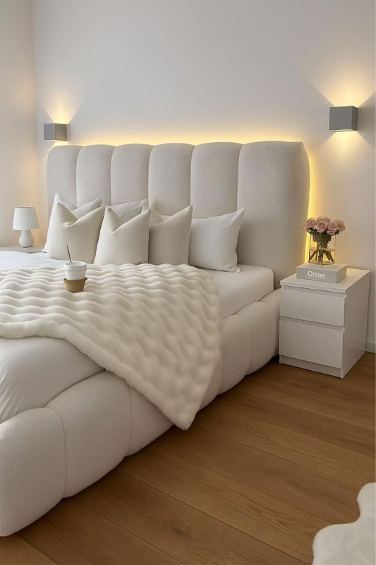 Chic white nightstand with soft backlighting, pink roses, and designer book stack in a minimalist luxury bedroom.