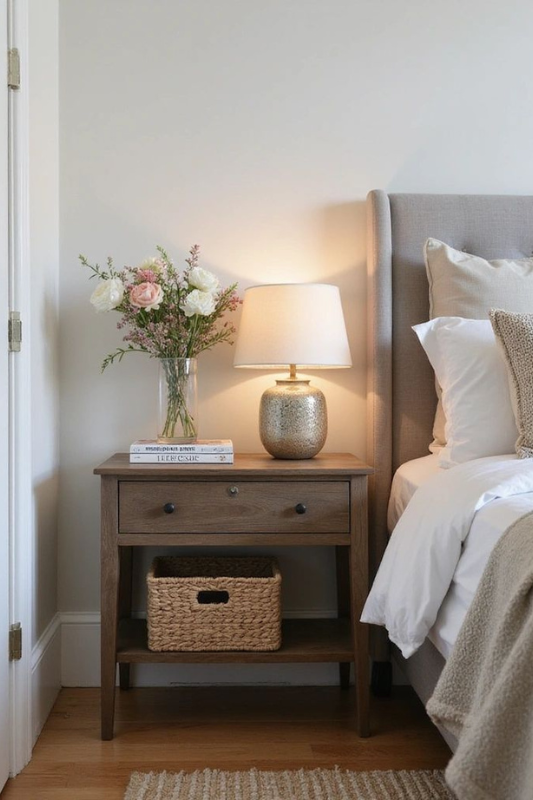 Wood nightstand with warm lamp, floral vase, and woven basket for tidy bedside table decor in a bright bedroom.