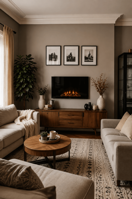 Neutral living room TV wall decor with wood media console, framed artwork, large plants, and a round coffee table