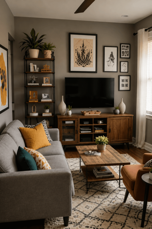Cozy living room decor around a wall-mounted TV with wood console, gallery wall, shelving, and colorful pillows