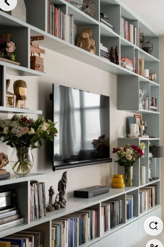 built-in shelving around tv with books and flowers in modern living room