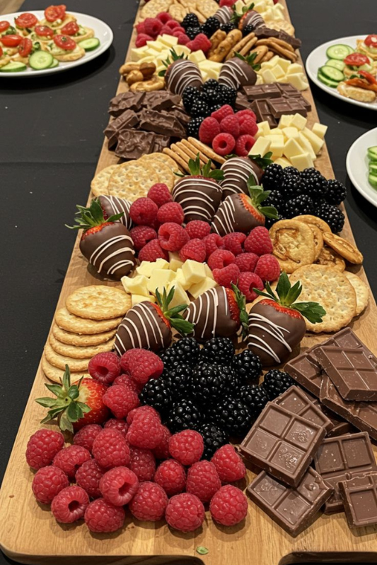 chocolate dessert grazing board inspiration with caramel dip cookies and berries