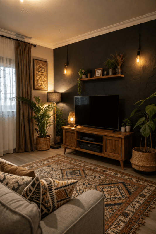 Dark TV wall decor ideas with pendant lights, plants, and wood media console