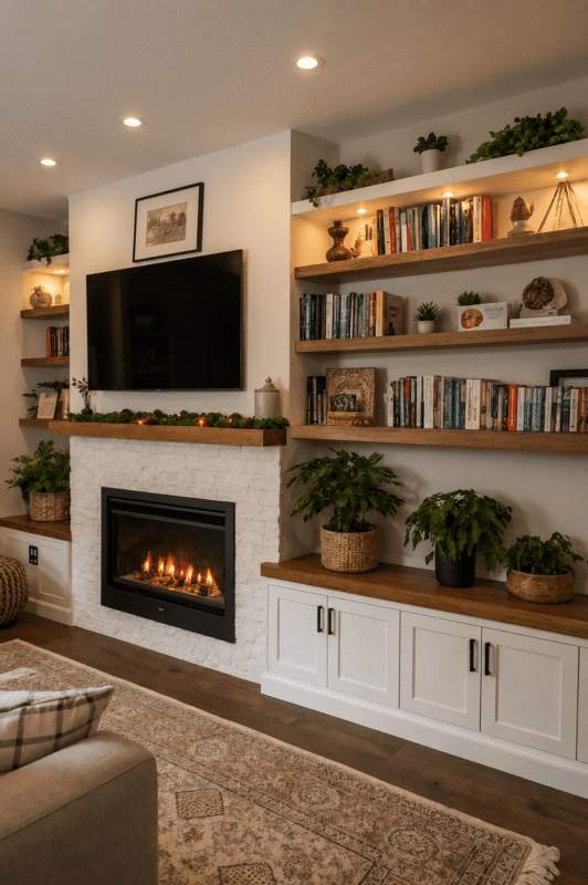 TV wall decor ideas with fireplace, built-in shelves, books, and plants