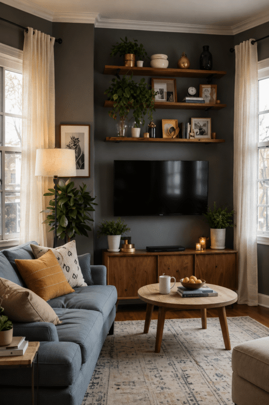 TV wall decor ideas with floating shelves, plants, and wood media console