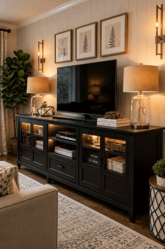 Black TV console decor with glass lamps, botanical prints, indoor plants, baskets, and warm farmhouse-style lighting