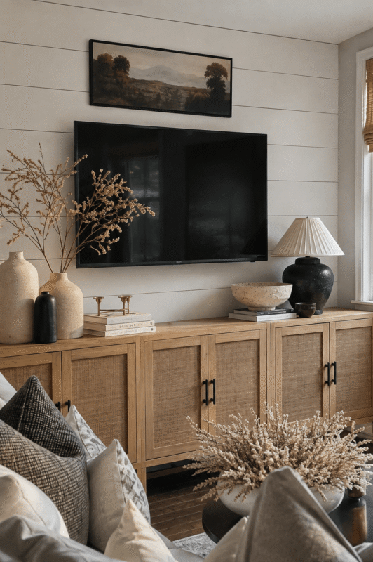 Neutral TV wall decor with wall-mounted television, cane-front wood console, ceramic vases, framed landscape art, and table lamp