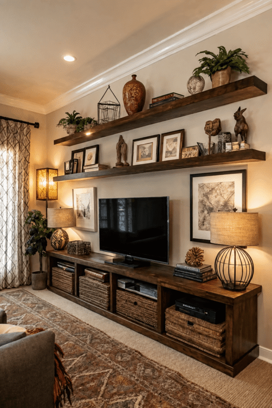 Rustic TV wall decor ideas with wood shelves, framed artwork, and baskets