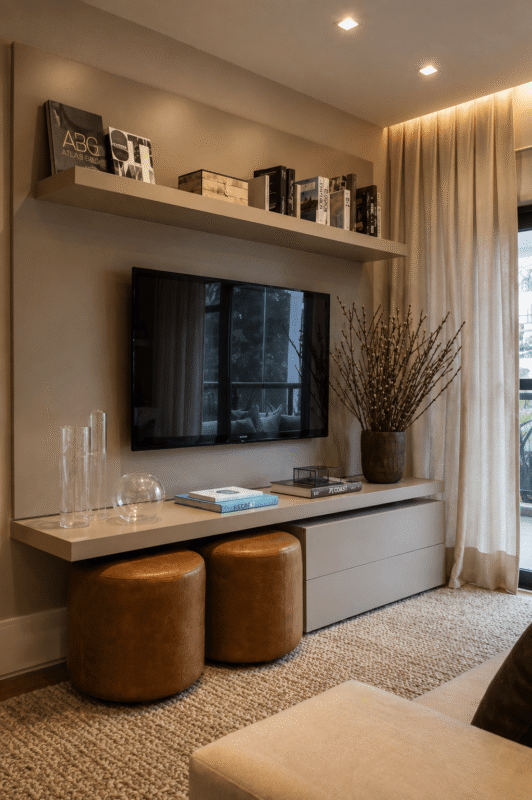 Modern TV wall decor ideas with neutral console and decorative branches
