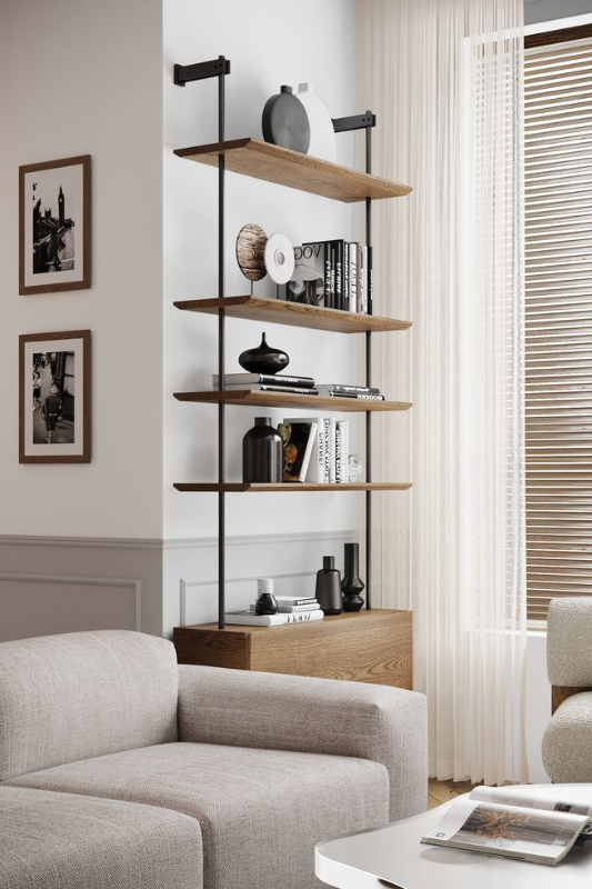 Vertical wall-mounted floating shelves with black framing and modern styling using black vases, books, and layered decor.