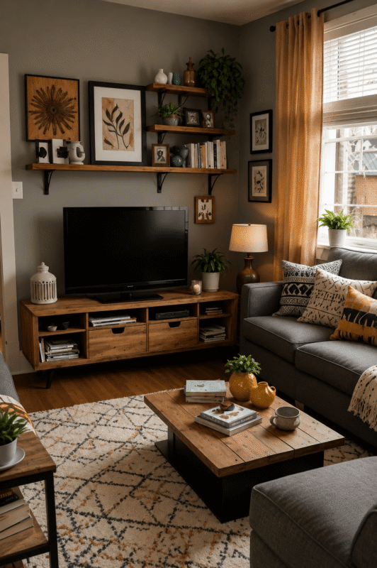Cozy TV stand decor with rustic wood console, floating shelves, botanical wall art, plants, and warm neutral accents