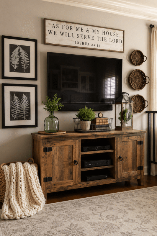 Farmhouse TV wall decor ideas with rustic console, woven baskets, and greenery