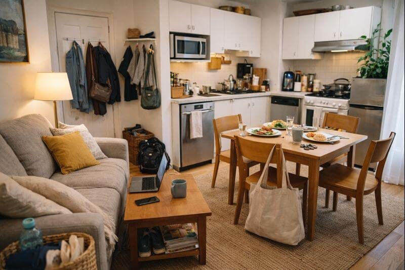Small apartment bathroom ready for guests with clean sink, toilet, and fresh towels