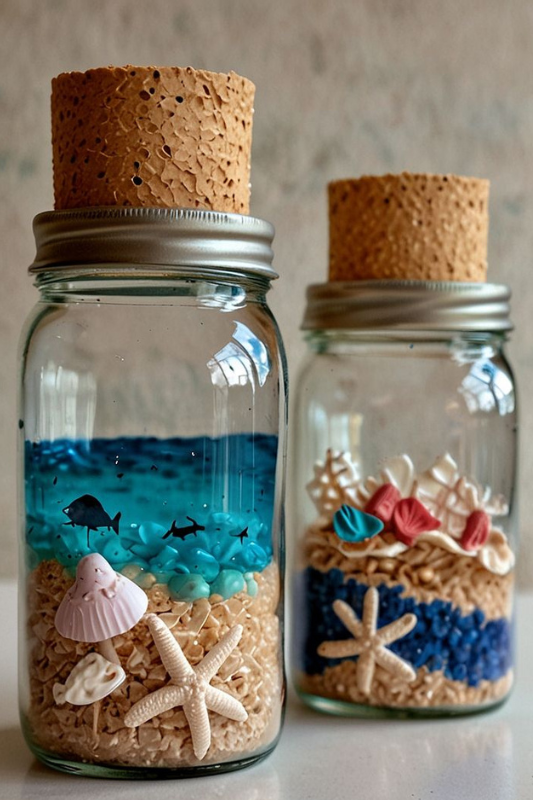 Glass jars filled with layered sand and seashells creating an easy summer craft for coastal home decor