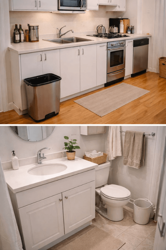 Small apartment kitchen cleaned and prepared for hosting guests with clear counters and sink
