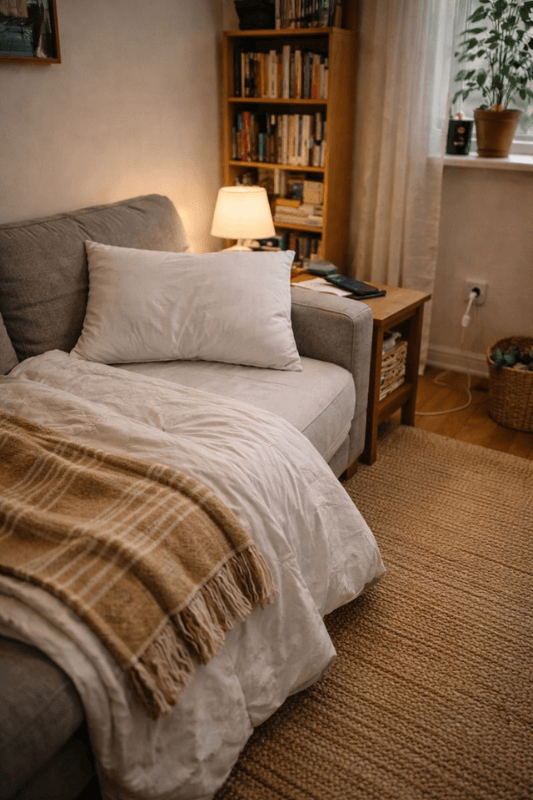 Couch set up as a sleeping space for overnight guests in a small apartment