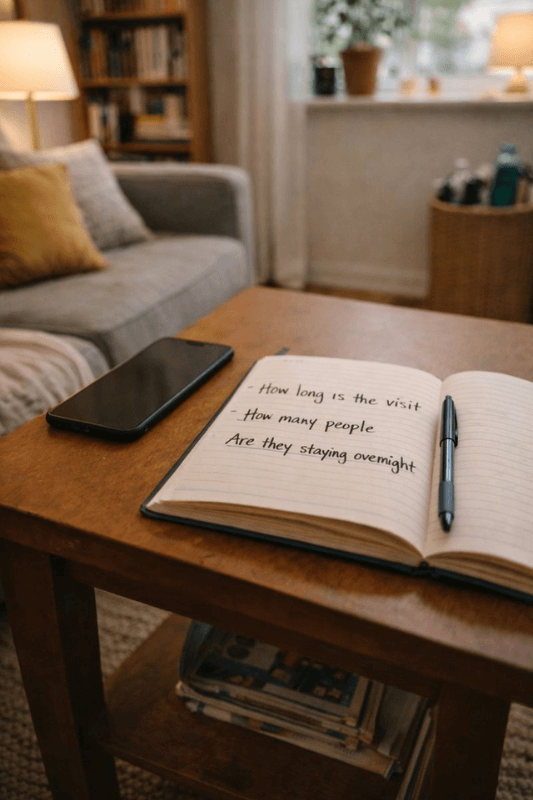 Planning how to host guests in a small apartment with a simple visit checklist on a notebook