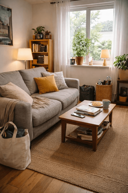 Cozy small apartment living room prepared for hosting guests in a limited space