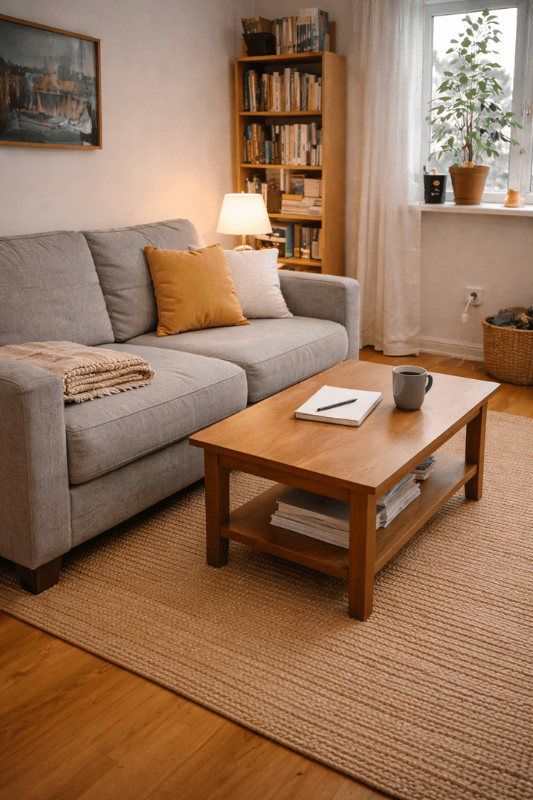 Cozy small apartment living room prepared for hosting guests in a limited space