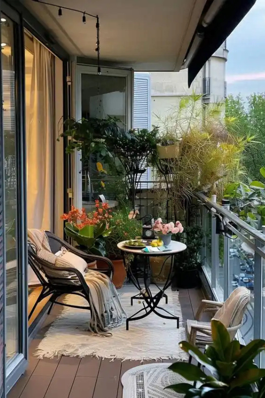 Evening balcony setup with café table, plants, and soft lighting creating an elegant atmosphere