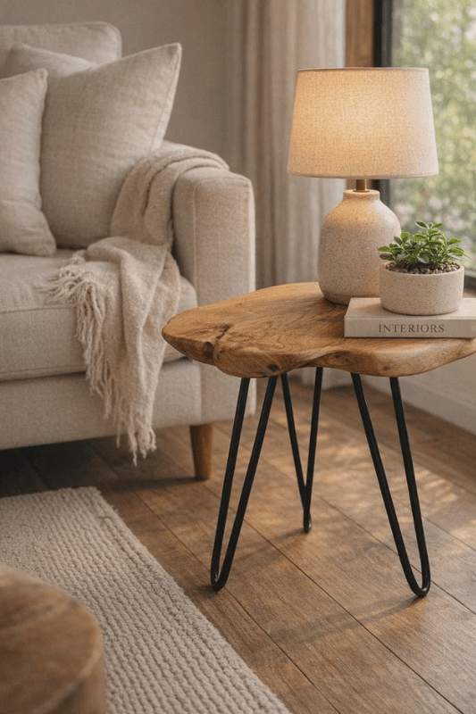End table decor styled with a lamp, books, and neutral accents beside a sofa in a living room