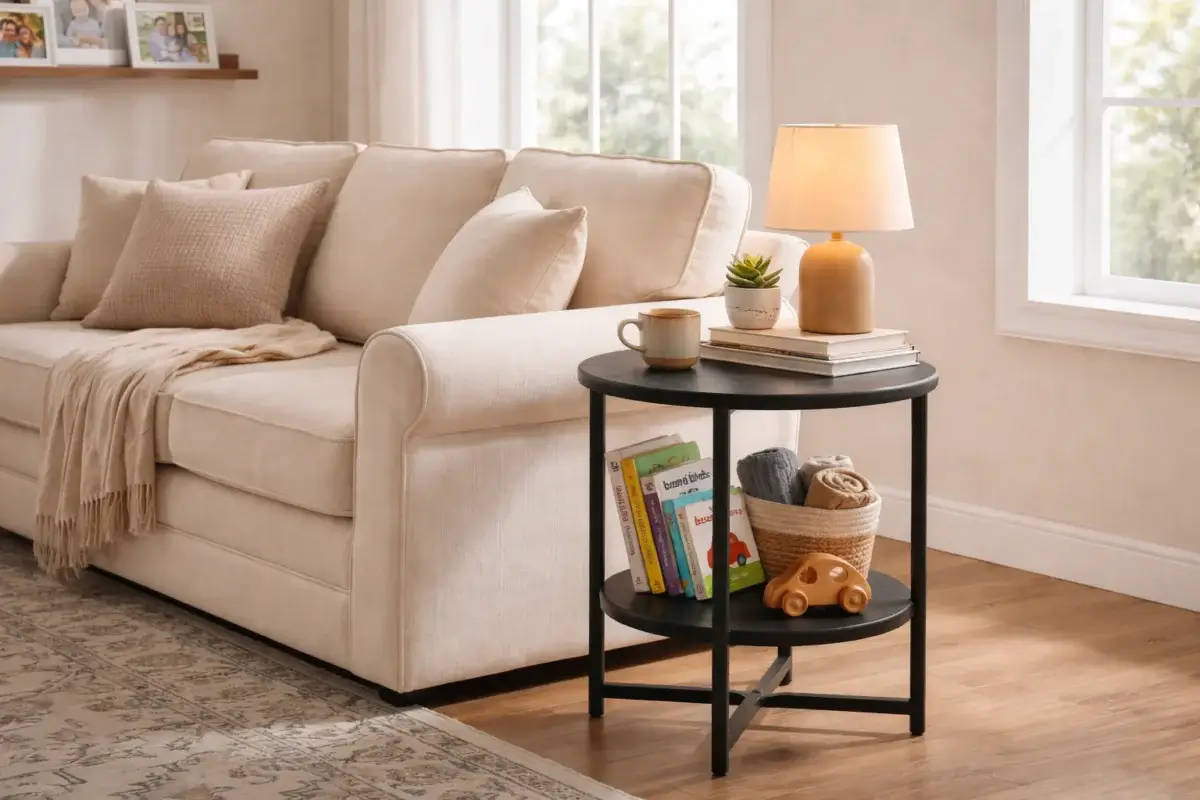End table decor styled with a lamp, books, and neutral accents beside a sofa in a living room