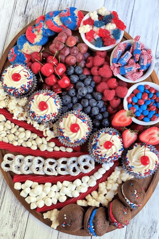 Patriotic sweets and treats platter for 4th of July desserts