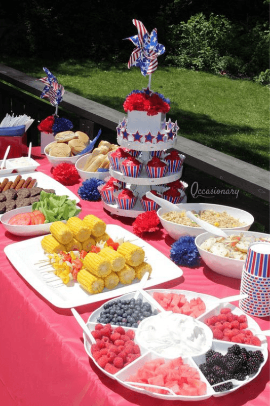 Backyard cookout food table for 4th of July party