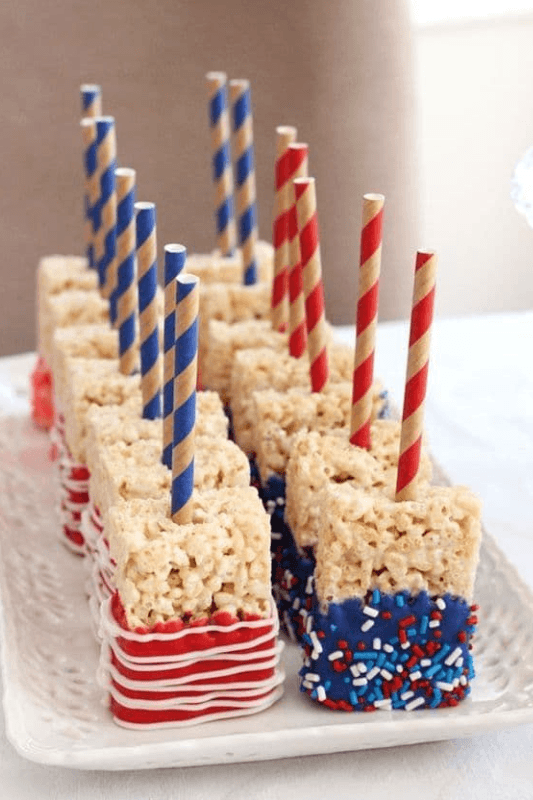 Patriotic Rice Krispie treat pops for 4th of July desserts