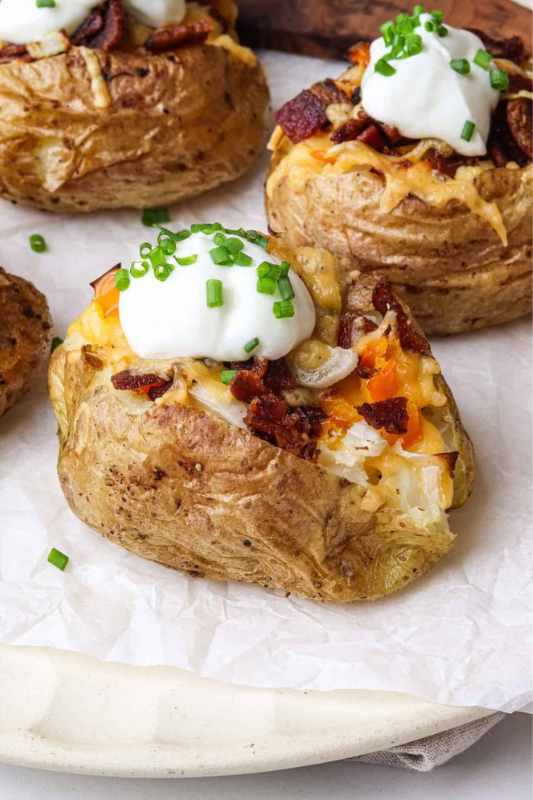 Loaded baked potatoes for 4th of July cookout menu