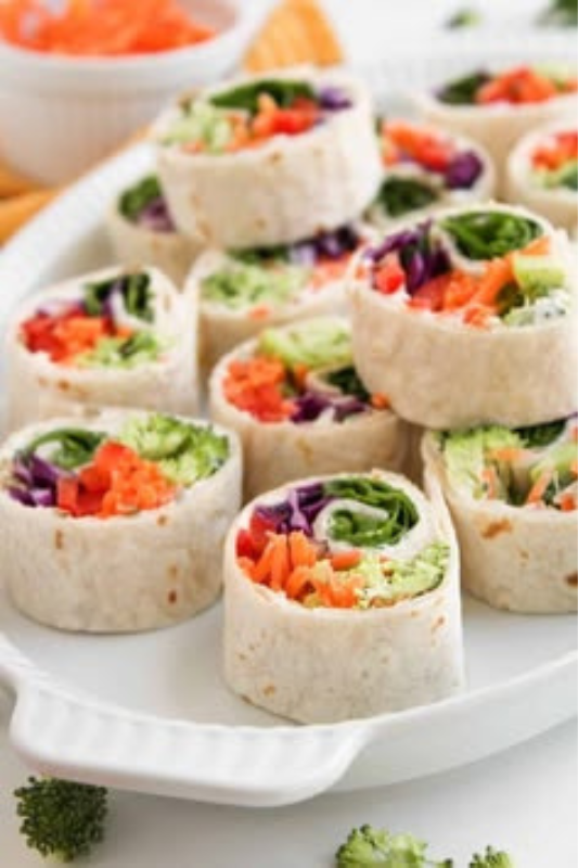 Rainbow veggie pinwheels for easy 4th of July appetizers