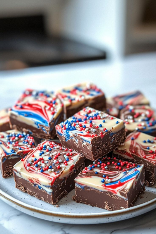 Patriotic chocolate fudge squares for 4th of July dessert