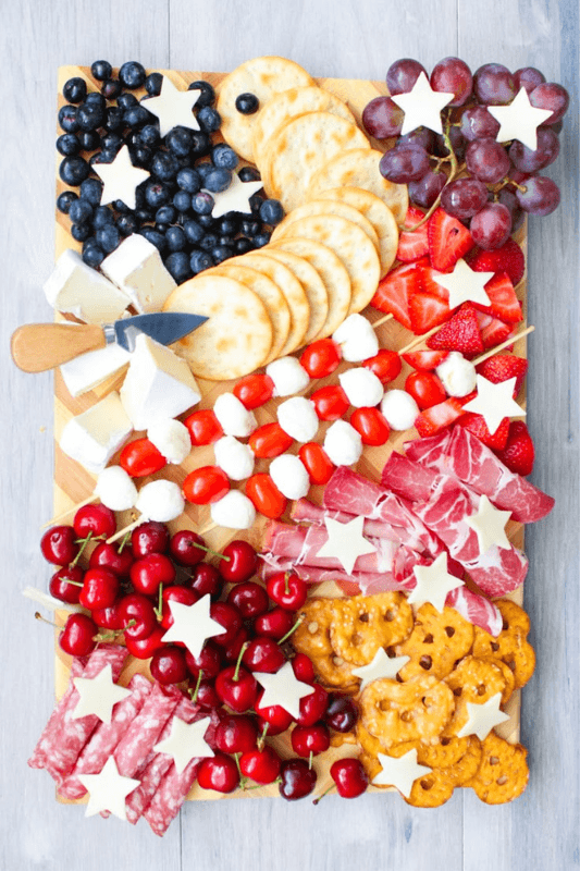 Patriotic cheese and charcuterie board for 4th of July party