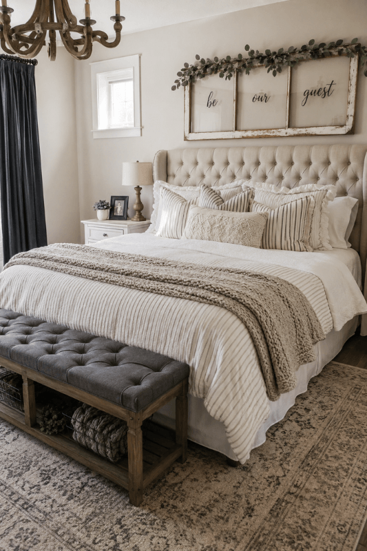Modern farmhouse bedroom decor with neutral layered bedding