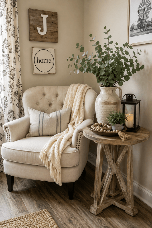 Cozy farmhouse reading corner with cream armchair, knit throw, rustic side table, greenery, and lantern