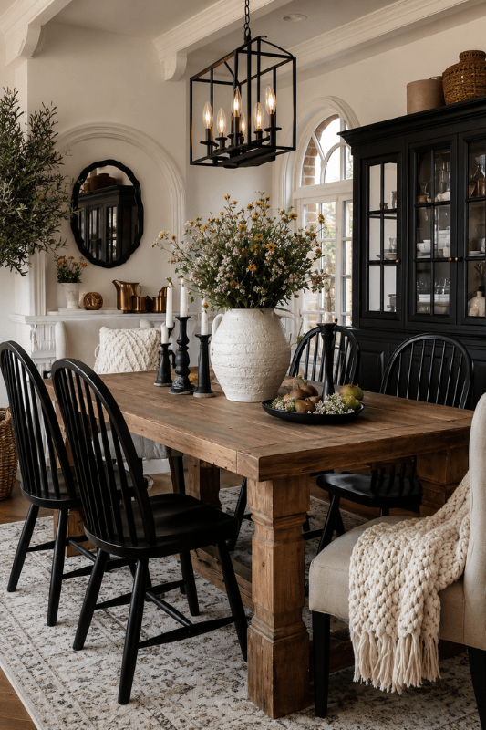 Farmhouse dining room decor with rustic wood table and black chairs