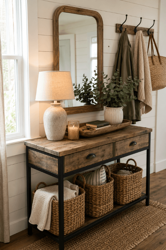 Farmhouse home decor ideas with a wood entryway console and woven baskets
