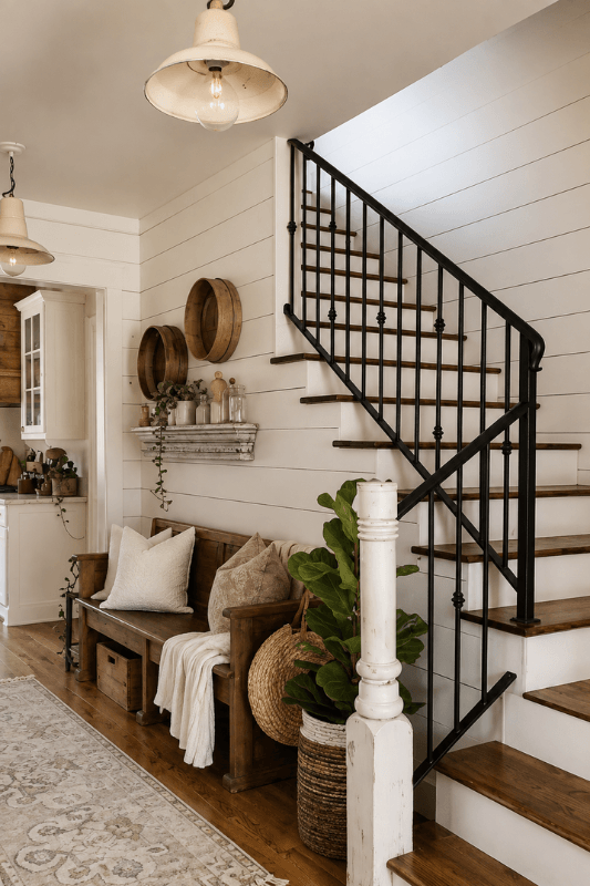 Farmhouse entryway decor with wood bench and black staircase railing