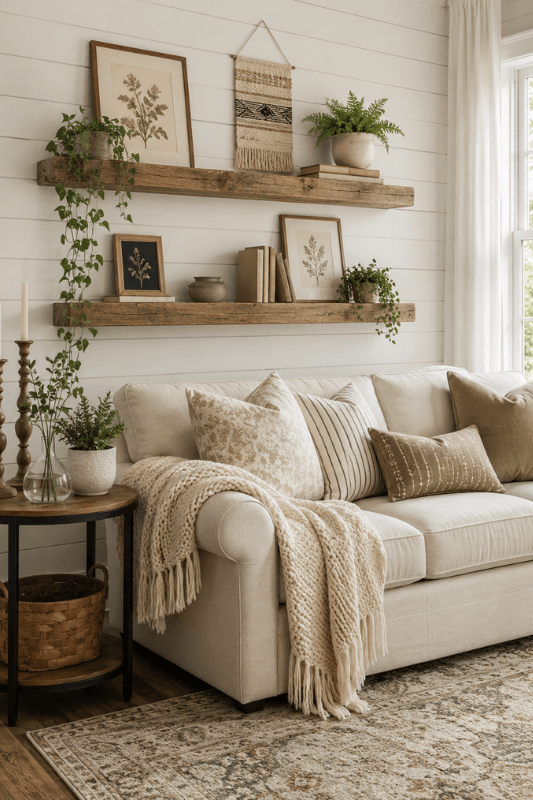 Cozy farmhouse living room decor with cream sofa and wood shelves