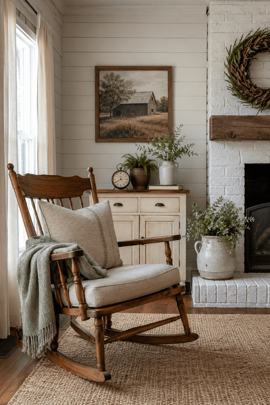 Farmhouse living room corner with vintage wood rocking chair, neutral cushion, green throw, and white brick fireplace