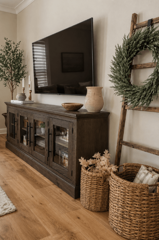Farmhouse TV console with dark wood cabinet, ceramic vase, brass candlesticks, woven baskets, and decorative ladder