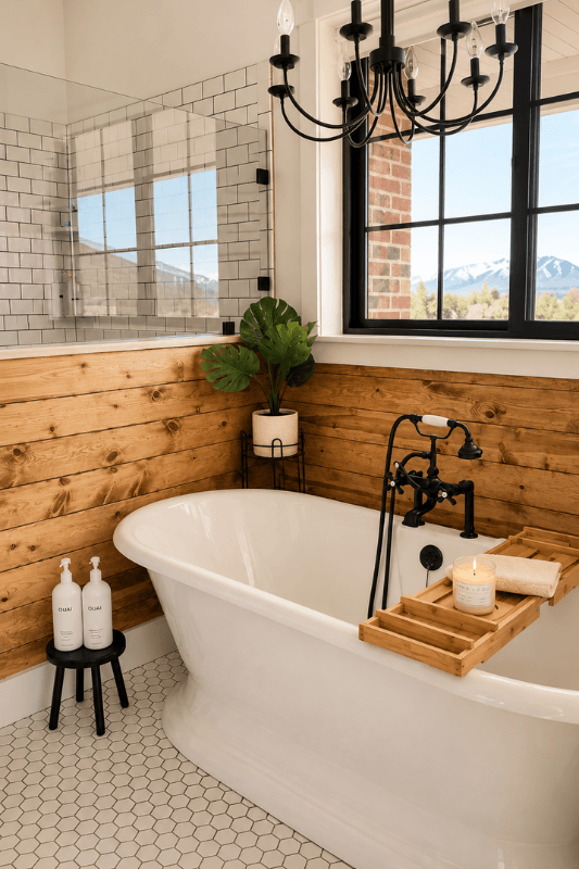 Farmhouse bathroom decor with freestanding tub and wood accents