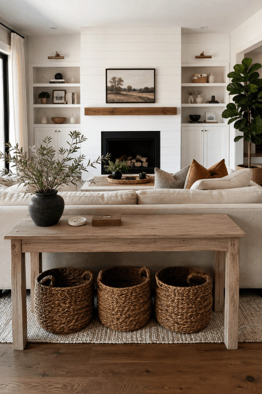 Modern farmhouse living room with white fireplace, built-in shelves, neutral sofa, wood console, and woven baskets