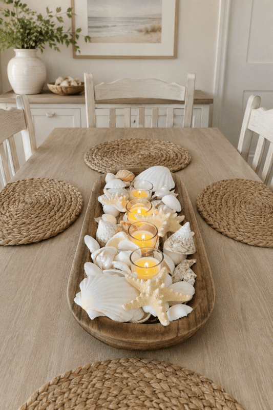 Coastal summer dining table centerpiece with seashells and candles on a wooden tray