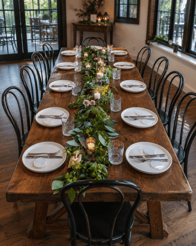 Low greenery and candle centerpiece arranged along a long wooden dining table