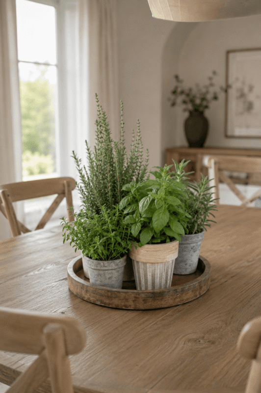 Potted herb summer dining table centerpiece arranged on a rustic wooden tray